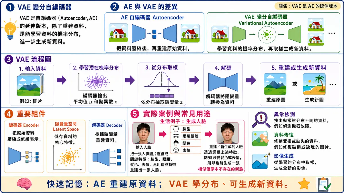 自編碼器與 VAE 對照圖:AE 把資料壓縮後再重建原始資料,VAE 學習資料的機率分布、再取樣生成新資料。VAE 流程分五步(輸入資料、學習潛在機率分布得到平均數與變異數、從分布取樣隱變數、解碼、重建原圖或生成新圖),重要組件是編碼器、隱變數空間、解碼器,常見用途為異常檢測、資料修復與影像生成。快速記憶:AE 重建原資料,VAE 學分布、可生成新資料