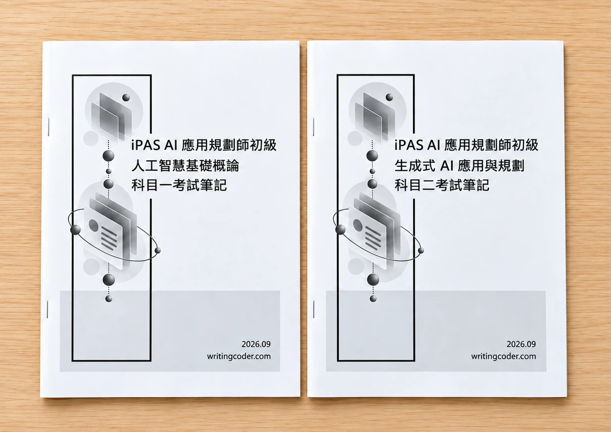 兩本筆記的封面並排放在木桌上,左邊是科目一人工智慧基礎概論考試筆記,右邊是科目二生成式 AI 應用與規劃考試筆記,右下角印著 2026.09 與 writingcoder.com